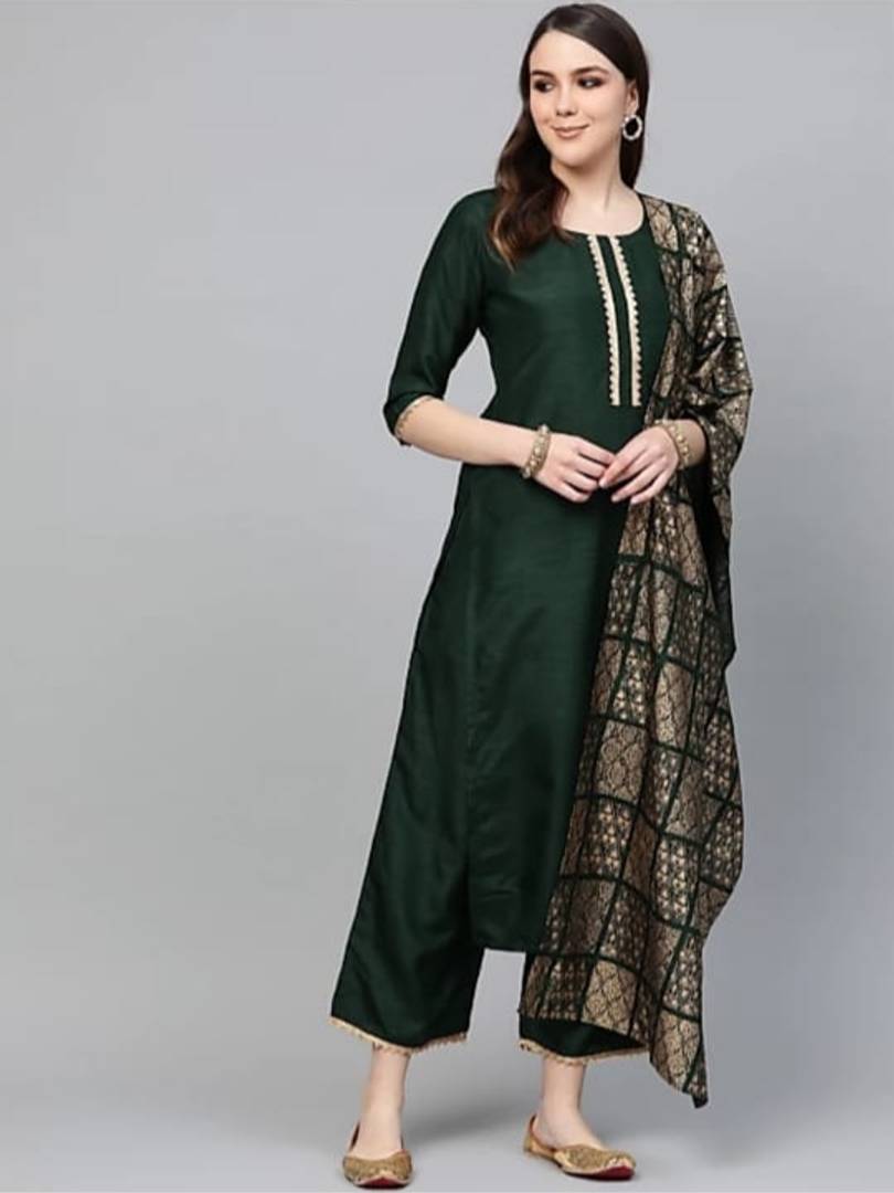 Stylish Rayon Straight Kurta And Palazzo With Dupatta Set For Women